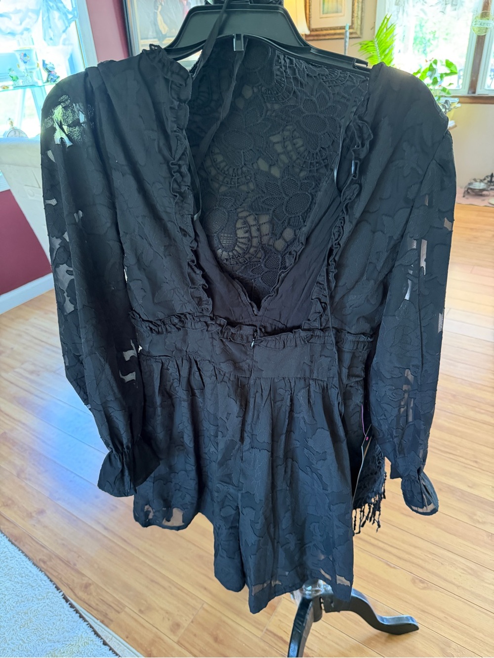 bebe Black Lace Long Sleeve V-Neck Romper